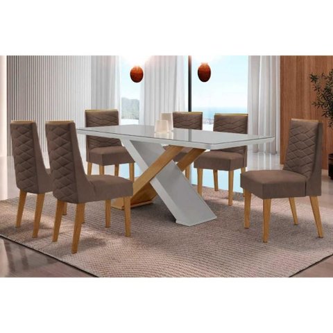 Conjunto: Mesa Sala Jantar Imperatriz Tampo c/ Vidro Curvo 180cm+6 Cadeiras Dafne Madeira Naturale/