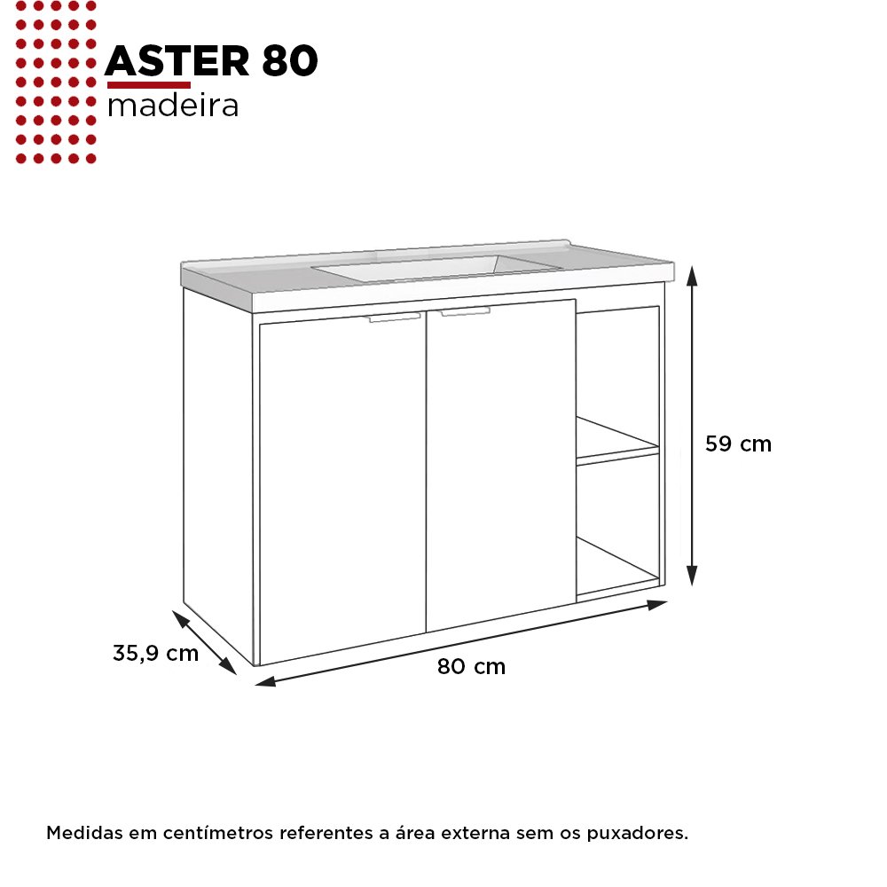 Gabinete para Banheiro em Madeira com Lavatório em Mármore Sintético Aster 80 Preto - Cozimax - 6