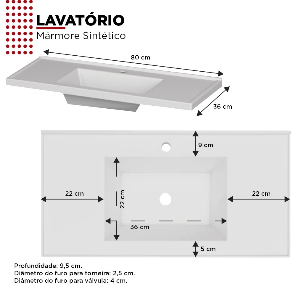 Gabinete para Banheiro em Madeira com Lavatório em Mármore Sintético Aster 80 Preto - Cozimax - 5