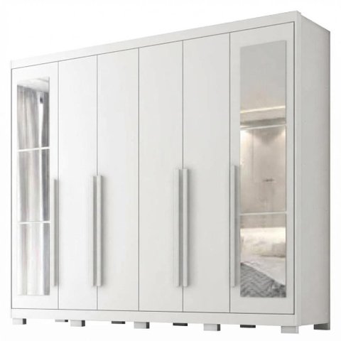 Guarda Roupa Casal 6 Portas com Espelho MDF Platina 236 cm Branco Absoluto Zanz
