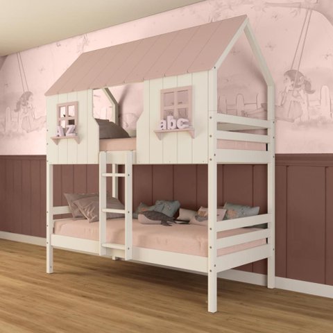 Beliche Casinha Encantada Madeira Maciça Branco/ Rosa Megamobilia