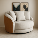 Ver imagem 1 de Poltrona Moderna P/ Sala 122cm Base Giratória Luxo Estofada Linho Cinza Courino Marom com Almofadas