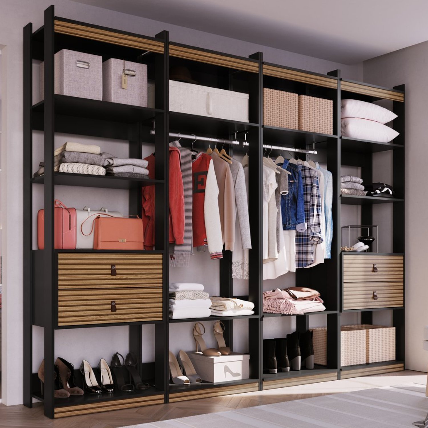 Guarda Roupa Aberto Closet 4 Gavetas 2 Cabideiros Wood Genialflex