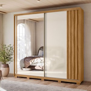 Guarda Roupa Casal 2 Portas Correr 3 Gavetas com Espelho e Pés Dhara