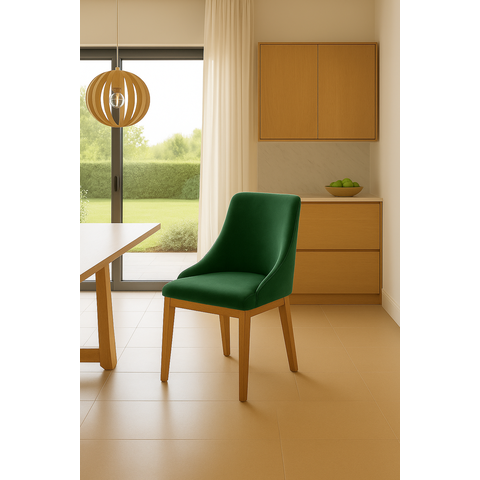 Kit 6 Cadeiras de Jantar Luxo Estofada Elisa Anatômica Veludo Verde Base Madeira Maciça Mel