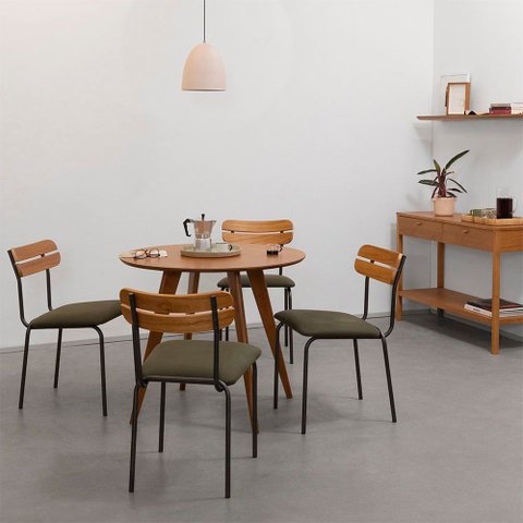 Conjunto Mesa de Jantar Square Redonda Louro Freijó 88cm + 4 Cadeiras Ribs Sarja Verde Oliva Abra Ca