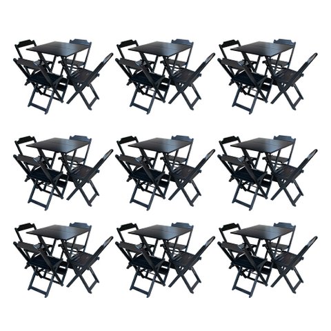 Kit 9 Conjuntos de Mesa Dobravel com 4 Cadeiras de Madeira 70x70 para Restaurante e Bar - Preto