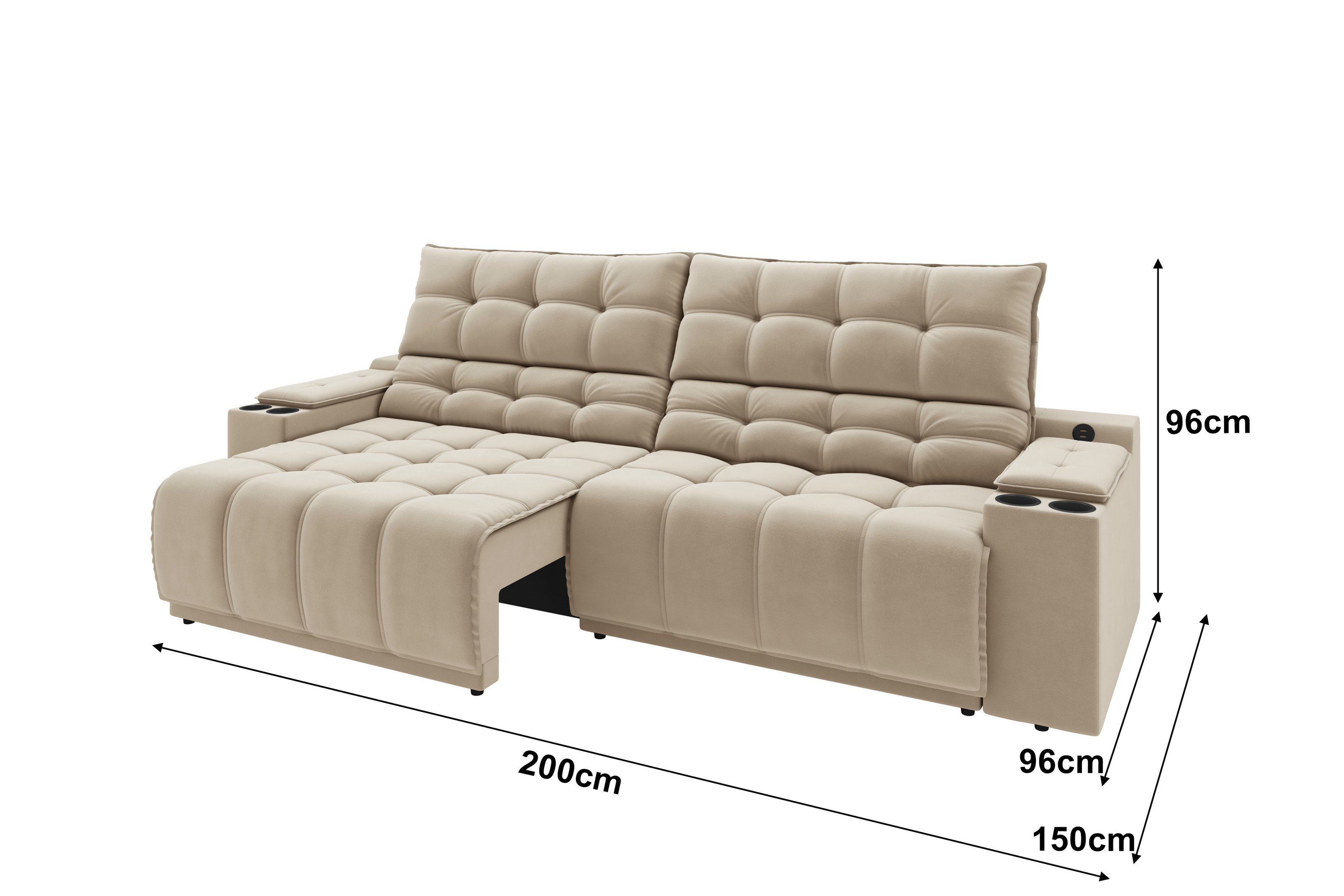 Sofá Connect Premium 2,00m Assento Retrátil/reclinável com Porta Copos e Entrada Usb Suede Capuccino - 3