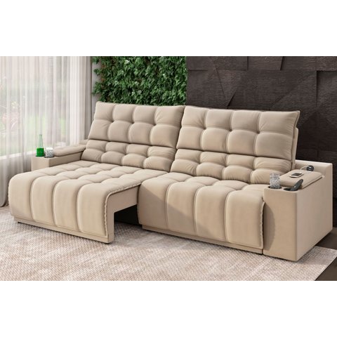 Sofá Connect Premium 2,00m Assento Retrátil e Reclinável com Porta Copos e Entrada USB Suede Capuccino
