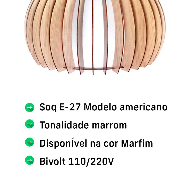 Lustre Pendente de Madeira Bari G 46x30cm Soq E27 Cor Marfim - 4