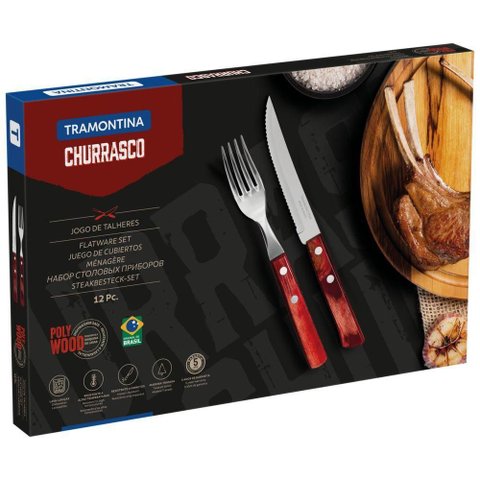 Jogo de Talheres para Churrasco Tramontina em Aço Inox com Cabo Vermelho Polywood 12 Peças
