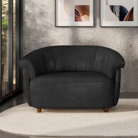 Sofá Namoradeira Decorativa Latvia 150cm Pés de Madeira Pu Preto Manchado G45 - Gran Belo
