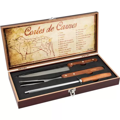 KIT CHURRASCO VONDER C/4PCS EM ACO INOX C/MALETA EM MADEIRA