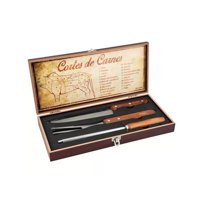 KIT CHURRASCO VONDER C/4PCS EM ACO INOX C/MALETA EM MADEIRA KIT CHURRASCO VONDER C/4PCS EM ACO INOX C/MALETA EM MADEIRA