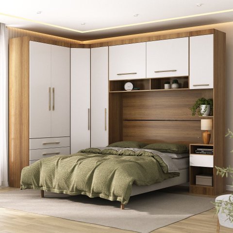 Quarto Modulado Queen de Canto com Guarda-roupas Maleiro e Cabeceira Paris Master Luciane Móveis