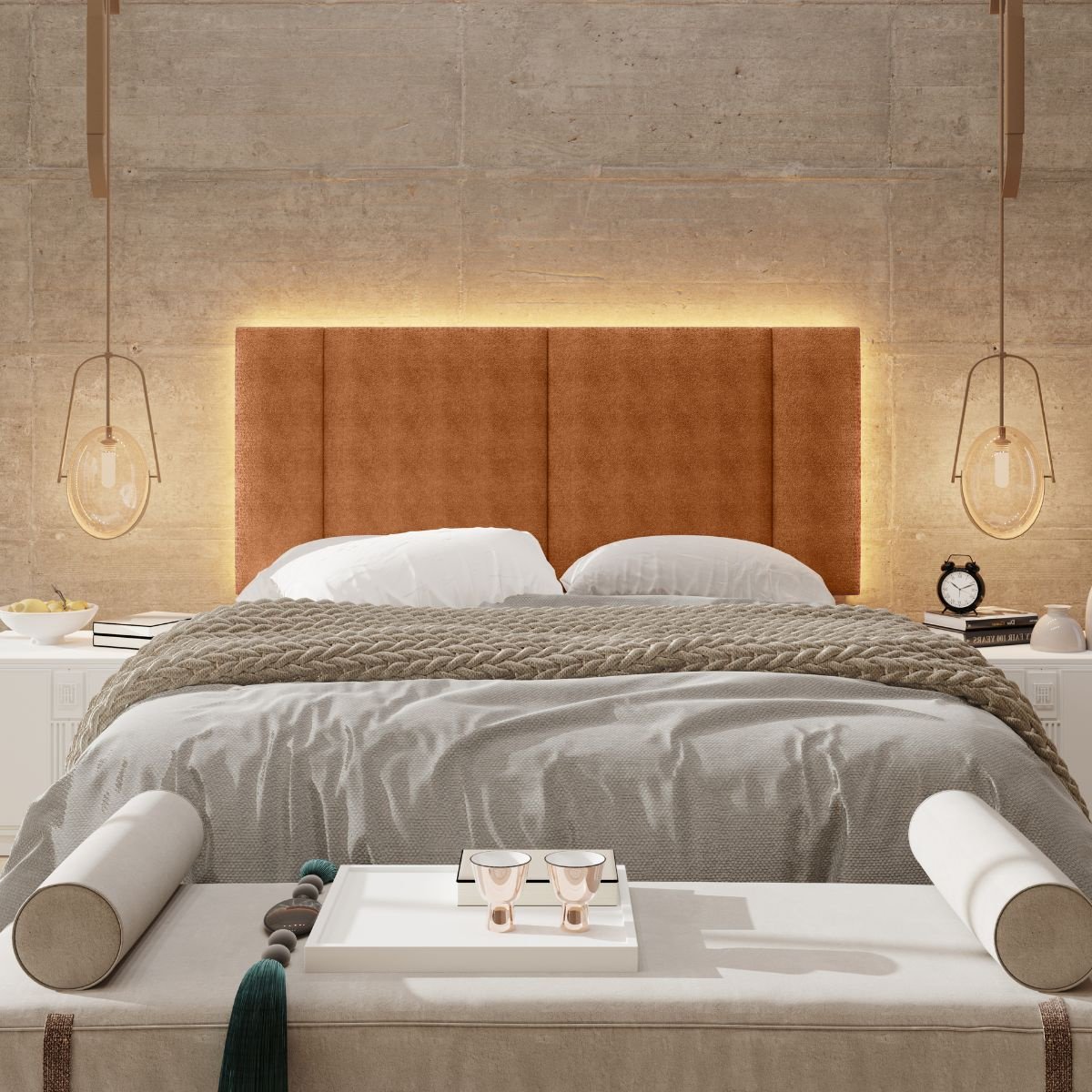 Cabeceira Estofada Iluminação Led Cama Box Casal 140 Cm: Bouclé Terracota - 2