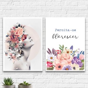Kit 2 Quadros Mulher Permita-se Florescer 45x34cm - com vidro:Madeira preta
