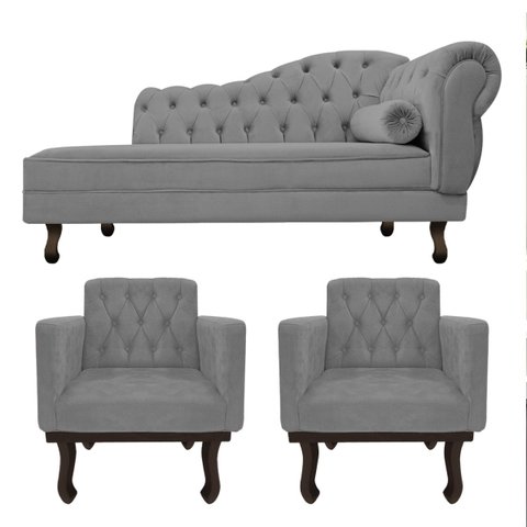 Kit Diva Recamier Diana 140cm Lado Esquerdo e 02 Poltronas Classic Suede Cinza - ADJ Decor