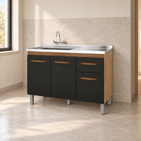Balcão de Pia Cozinha 120cm sem Tampo 3 Porta 1 Gaveta Preto