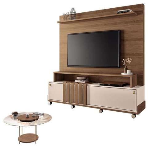 Estante Home Theater Bold Off White Castanho e Mesa de Centro Sky com Tampo de Vidro Castanho- Hb M