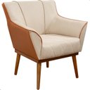 Ver imagem 1 de Poltrona Sala Liz Linho Bege e Corino Caramelo Base Madeira Castanho