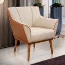 Ver imagem 2 de Poltrona Sala Liz Linho Bege e Corino Caramelo Base Madeira Castanho