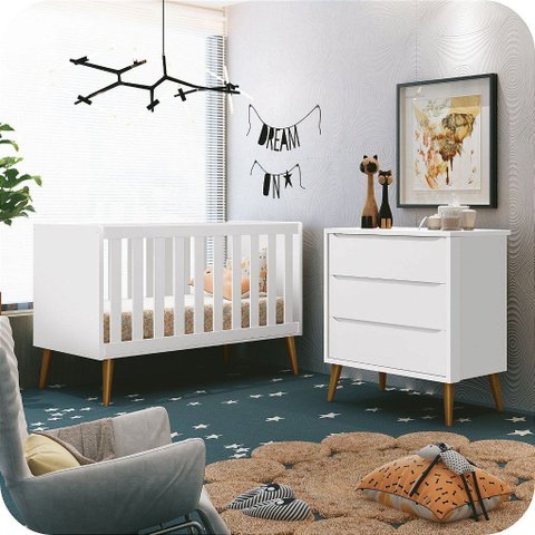 Quarto de Bebê Berço + Cômoda 3 Gavetas Branco Theo Madeira