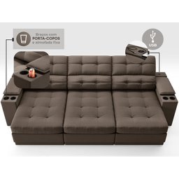 Sofá com Porta Copos e Carregador Usb Eureka 2,30m Assento Retrátil e Reclinável Velosuede - 5
