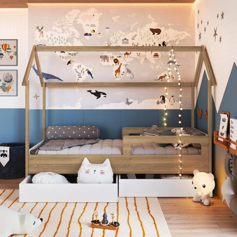 Cama Infantil Montessoriana Casinha com 2 Gavetas e Colchão - Completa Móveis