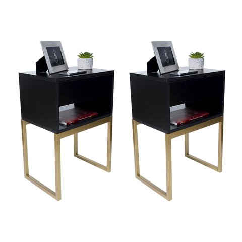 Kit 2 Mesas Cabeceira Industrial 40cm Preto Gaveta Superior Eco Base Metal Dourado Lateral Cama