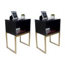 Ver imagem 1 de Kit 2 Mesas Cabeceira Industrial 40cm Preto Gaveta Superior Eco Base Metal Dourado Lateral Cama