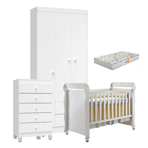 Quarto de Bebê 3 Portas com Gaveteiro Ternura Baby e Berço Mirelle Branco Brilho com Colchão