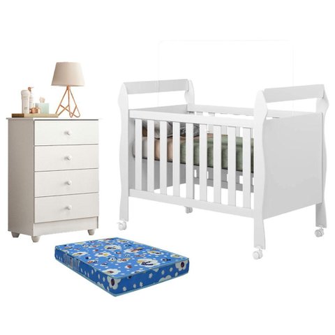 Berço Americano Soninho com Gaveteiro Soft Branco Acetinado Colchão Americano Ortobom - Tigus
