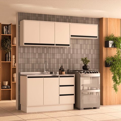Cozinha Koya 3 Peças 200x214cm Armários Aéreos Balcão 2 Portas com Rodapé Creme 250033