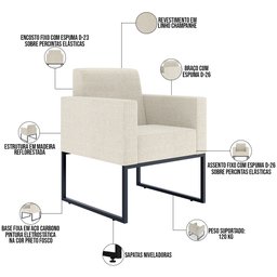 Kit 4 Poltronas Decorativas Sala e Recepção Base Fixa Metal Helô L02 Linho Champanhe - Lyam - 6