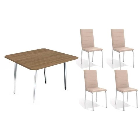 Conjunto: Mesa de Cozinha Iguaçu C/ Tampo de Madeira 90cm + 4 Cadeiras Amsterdã Cromada/nude 16 -