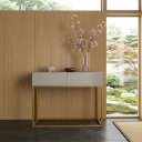 Ver imagem 2 de Aparador Buffet Estilo Industrial para Recepção de Salão 2 Gavetas Off White Brilhante com Dourado