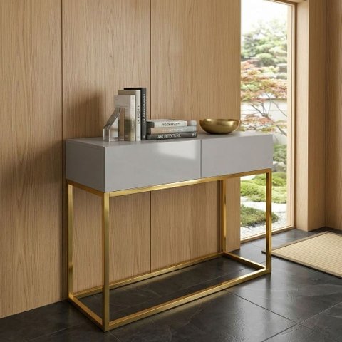 Aparador Buffet Estilo Industrial para Recepção de Salão 2 Gavetas Off White Brilhante com Dourado