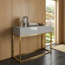 Ver imagem 1 de Aparador Buffet Estilo Industrial para Recepção de Salão 2 Gavetas Off White Brilhante com Dourado