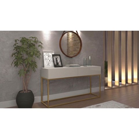 Aparador Buffet Estilo Industrial para Recepção de Salão 2 Gavetas Off White Brilhante com Dourado