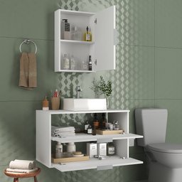 Kit Gabinete Banheiro Rubi 80cm - Gabinete + Cuba + Espelheira - Branco Inteiro - 2