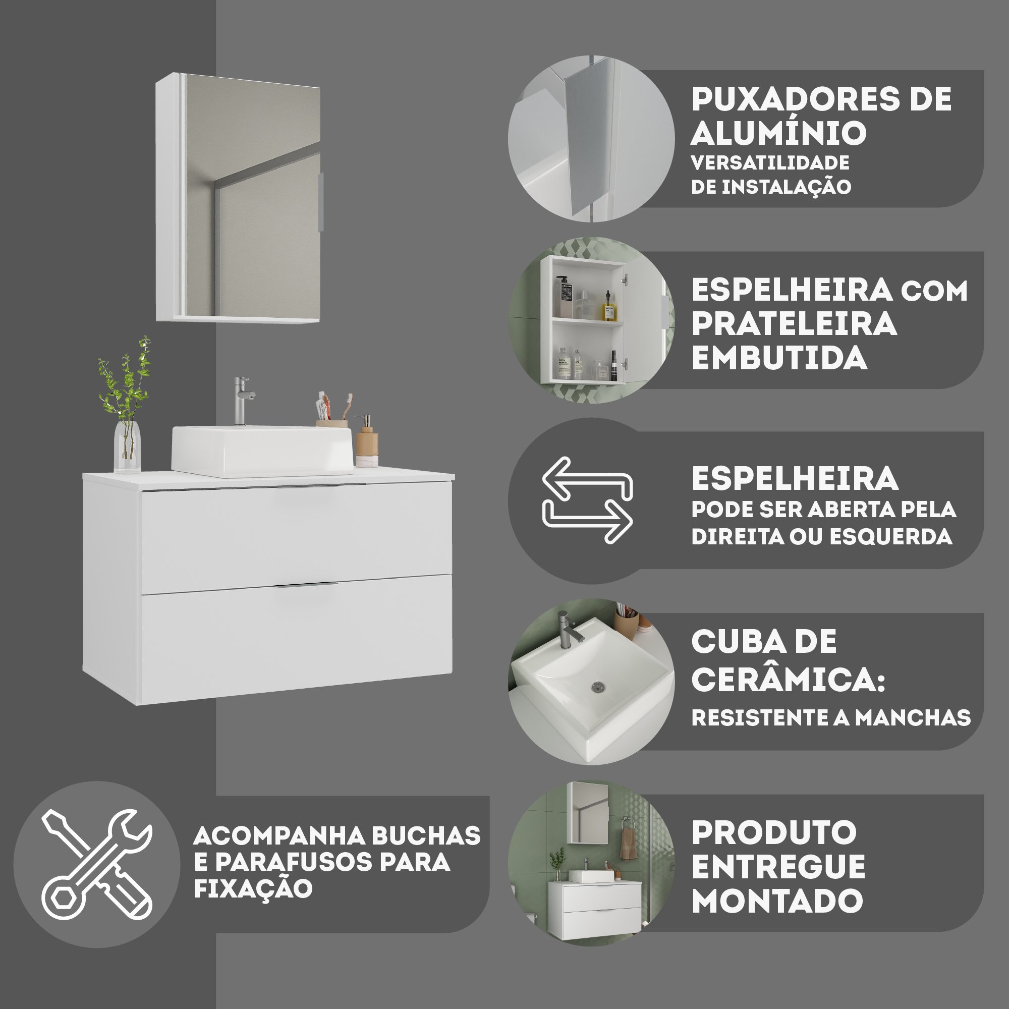 Kit Gabinete Banheiro Rubi 80cm - Gabinete + Cuba + Espelheira - Branco Inteiro - 6