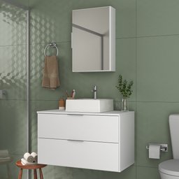 Kit Gabinete Banheiro Rubi 80cm - Gabinete + Cuba + Espelheira - Branco Inteiro - 1