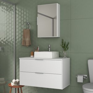Kit Gabinete Banheiro Rubi 80cm - Gabinete + Cuba + Espelheira - Branco Inteiro
