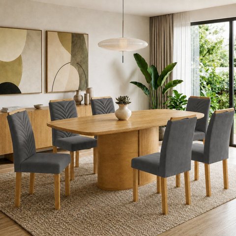 Conjunto de Mesa de Jantar 6 Lugares 180x90cm Diana Carol MDF Cinamomo