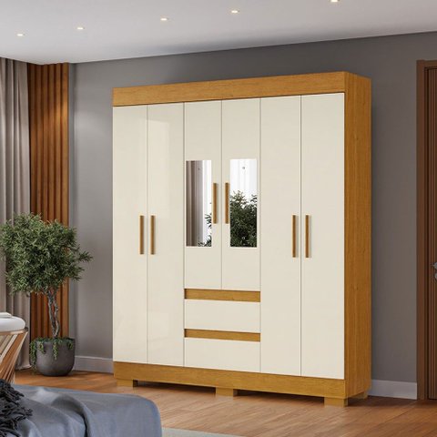 Guarda-Roupa Casal Maya 6 Portas 2 Gavetas com Espelho Off White/Cinamomo - ACP Móveis