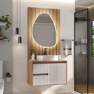 Conjunto para Banheiro Clarice 78cm C/ Tampo Painel e Espelho Orgânico Led - Fabribam