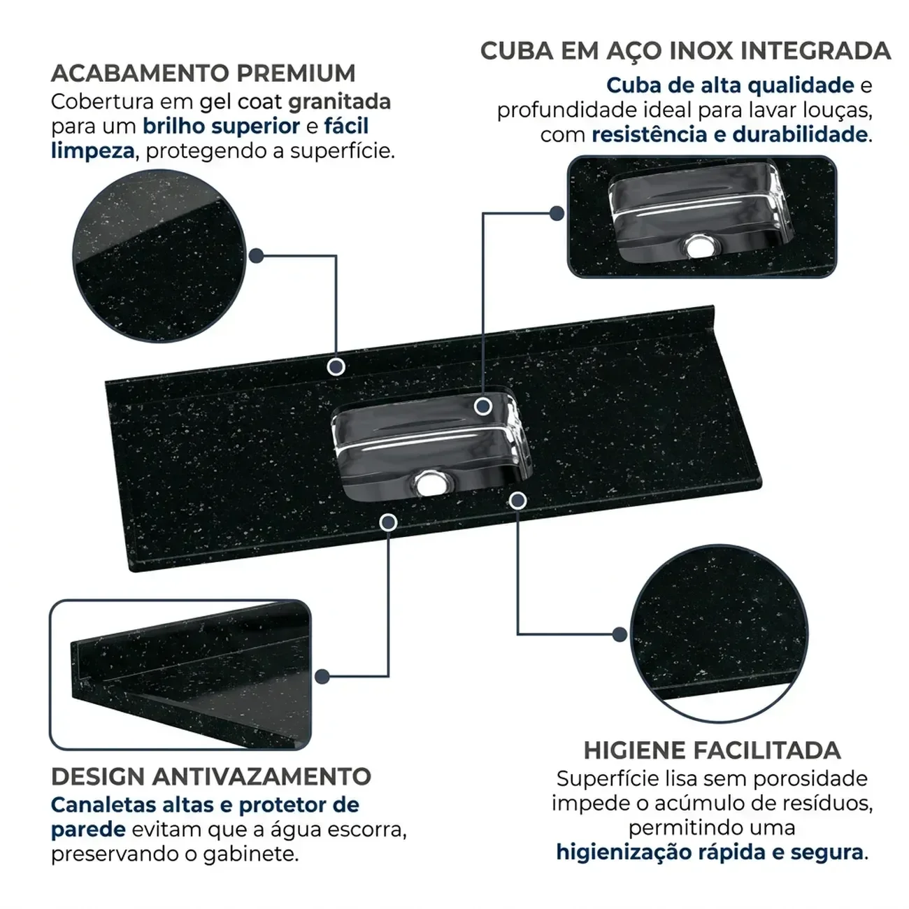 Ver imagem 6 de Pia para Cozinha de Sobrepor Mármore Sintético com Cuba em Aço Inox Simples com Brilho 150CMX55CM Aj Rorato Preto