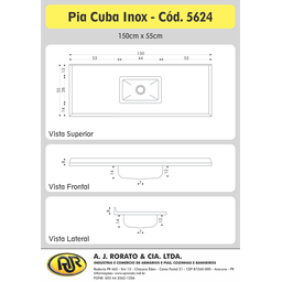 Pia de Cozinha em Mármore Sintético com Cuba em Aço Inox 150cmx55cm AJ Rorato - 3