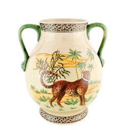 Ânfora em cerâmica Craquelê. Fundo na cor fendi e pintura de Guepardo ou Cheetah - 1